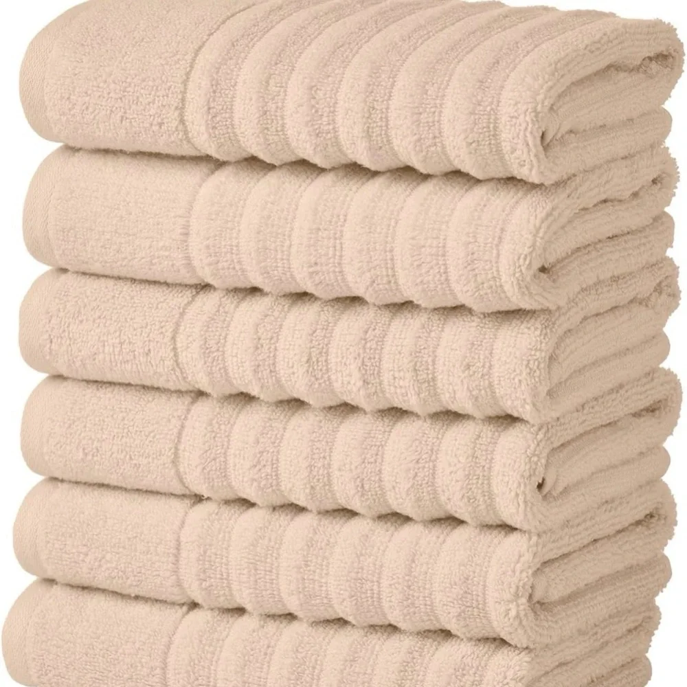 New Great Bay Home 6 Pack Hand Towel Set 100% Cotton Color Dune Beige Bathroom